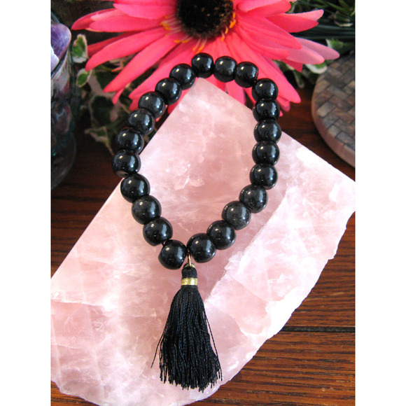 New Natural Black Obsidian Beaded Cuff Bracelet w/ Tassel - Picture 2 of 8